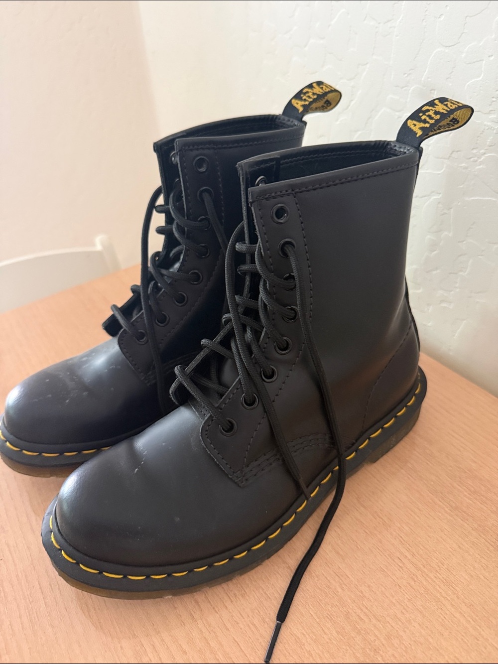 Dr. Martens Black Leather Lace-Up Boots with Yellow Stitching